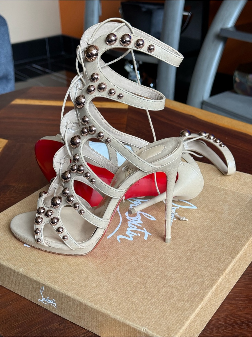 Christian Louboutin Beige Studded Strappy Stiletto Sandals with Red Soles
